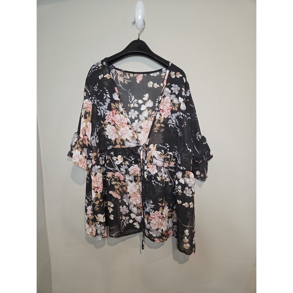 Floral Kimono Cardigan Women 1XL Black Chiffon Sheer Ruffle Sleeve Cover Up‎